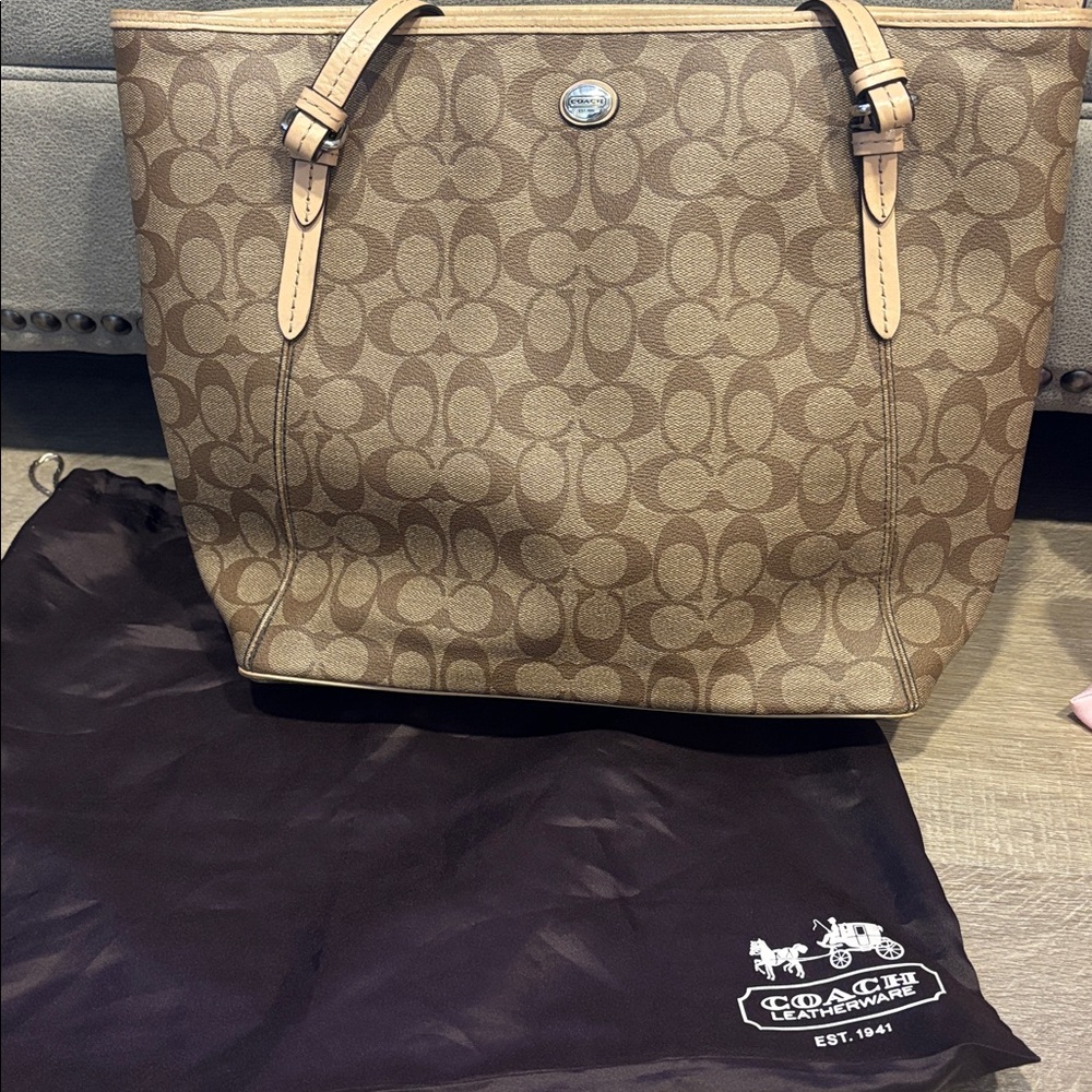Coach Tan Signature Canvas Tote with Leather Trim